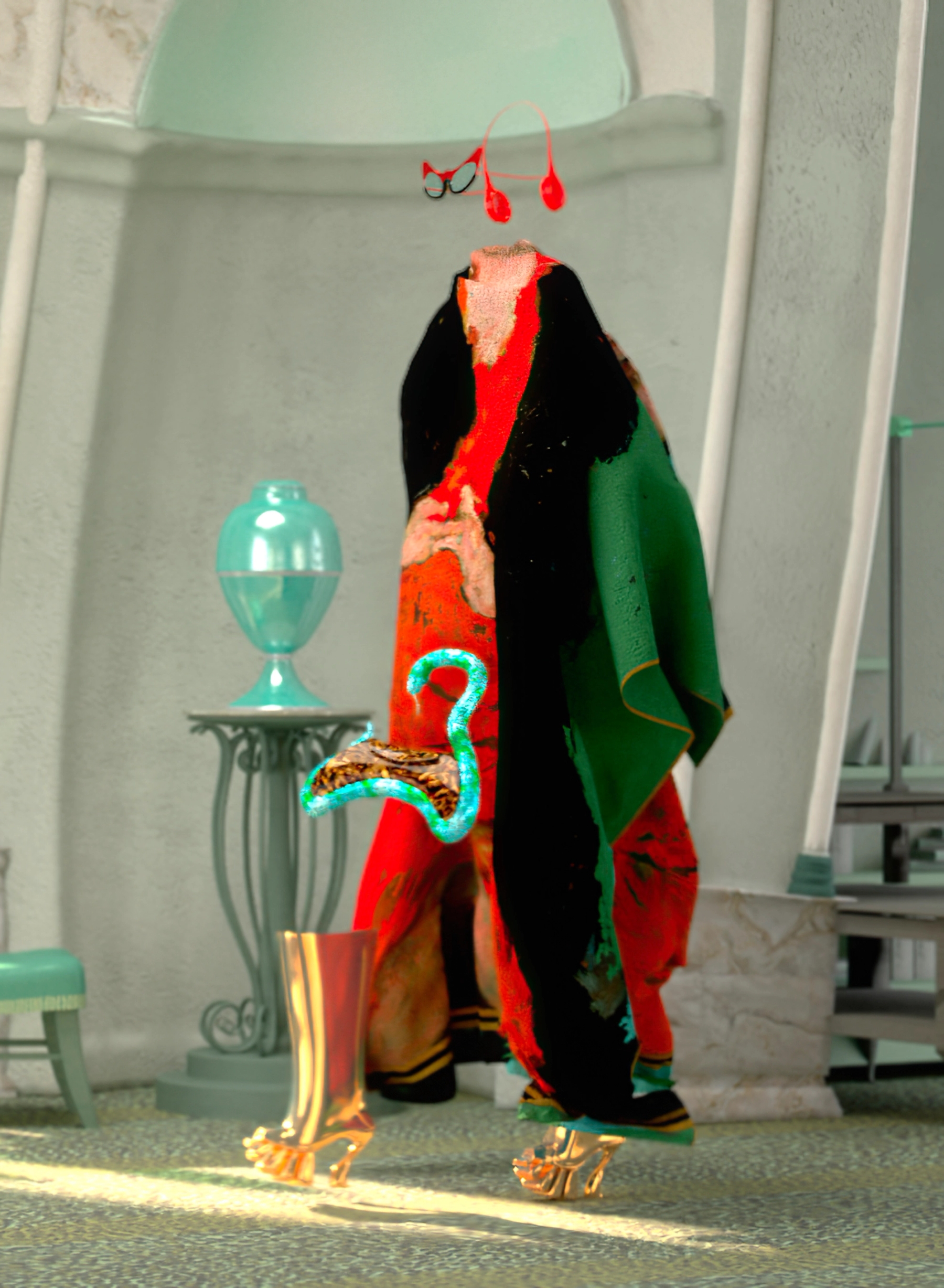 Dress printed with a tribute to the portrait of Madeleine Castaing painted by Soutine, worn with gold boots, a hanger bag in to rtoiseshell, topaz and emerald as well as a helmet in red metal and wood.