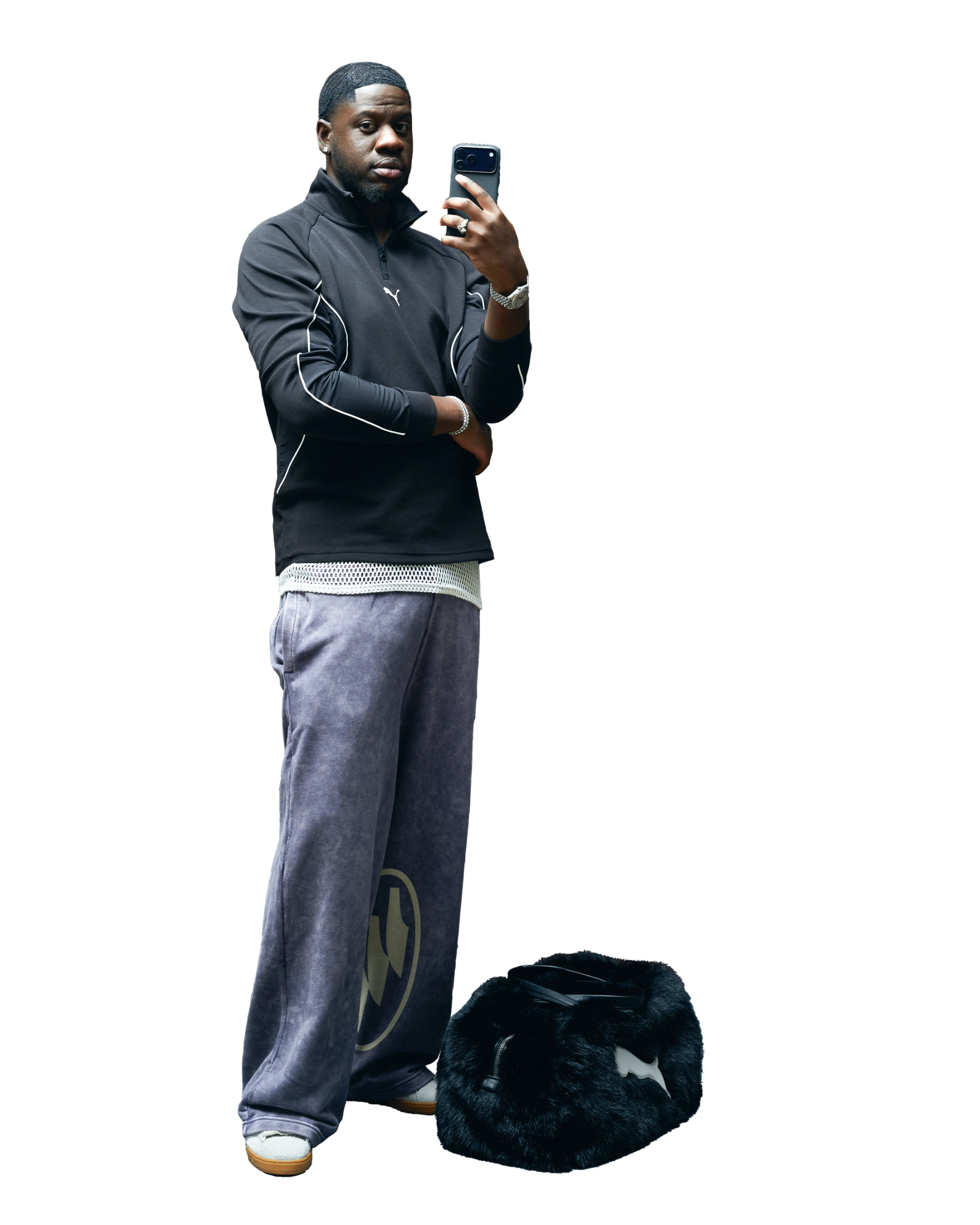 Sweatshirt, Tracksuit Pants, Shoes & Bag Puma, Tank Top stylist’s own, Jewelry & Watch talent’s own