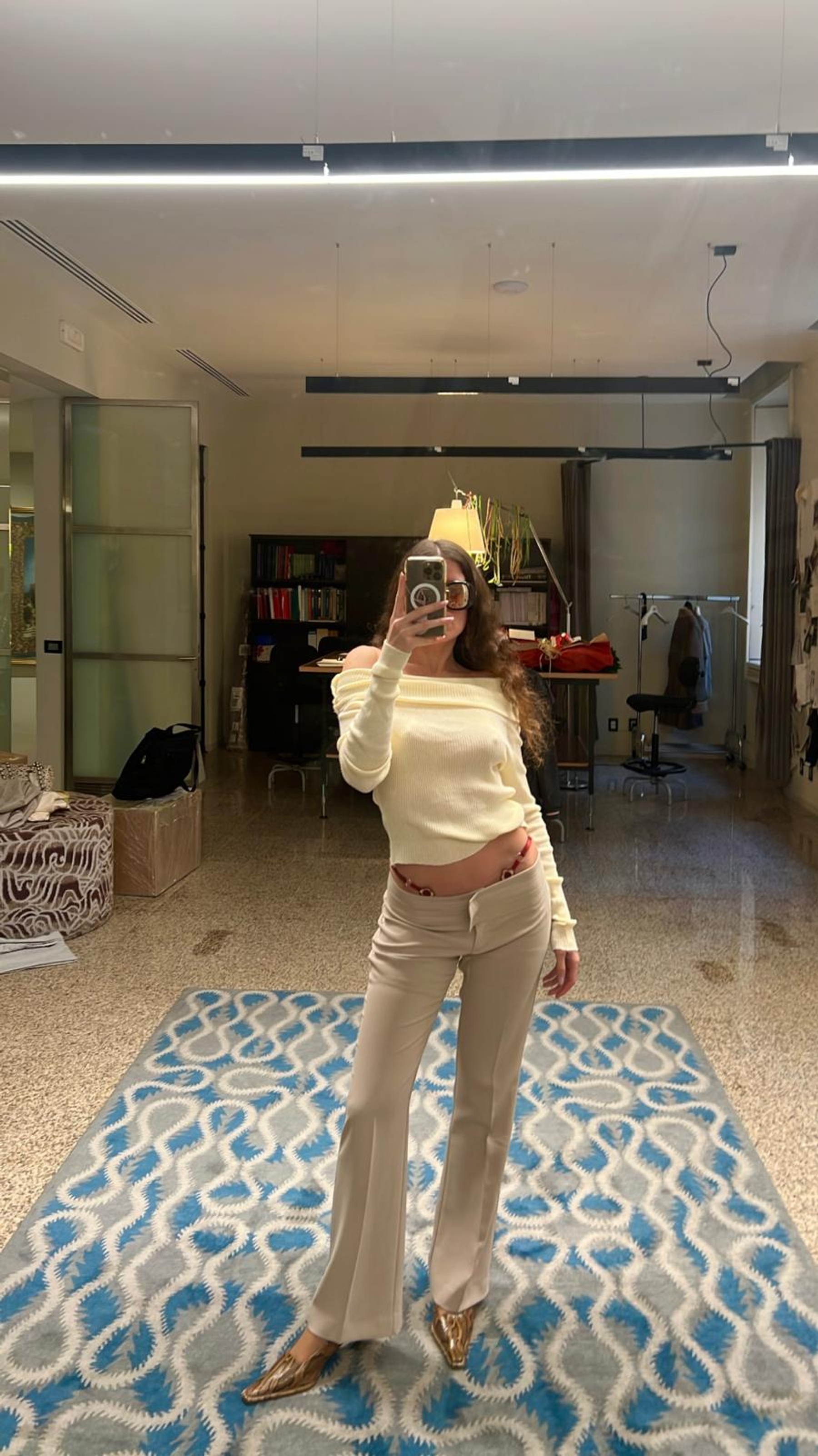 Top and Panty no brand, Trousers Paola Frani, Shoes Miista, Sunglasses Vivienne Westwood
