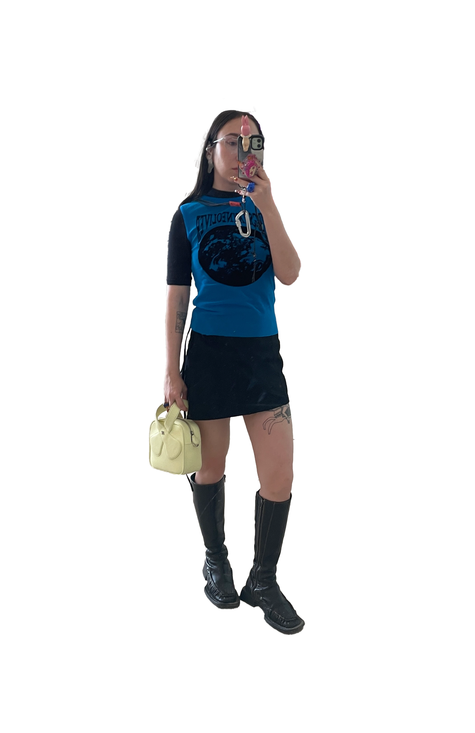 Top JPG x Shayne Oliver, Skirt Weekday, Bag Courrèges, Boots Miista