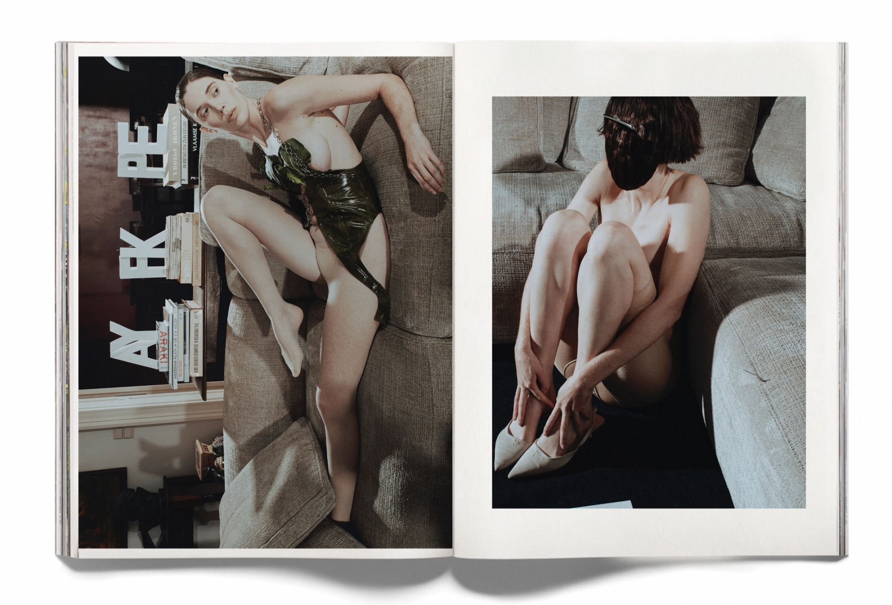 Right: Comb D’Heygere, Hair Mask handmade by makeup artist, Shoes personal archive