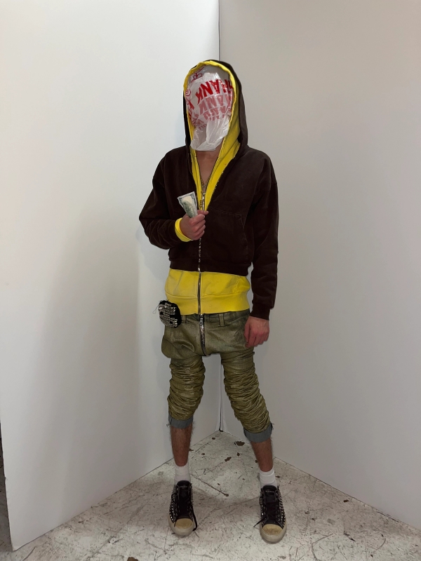 Mask : “thank you” take out plastic bag
Yellow Hoodie : American apparel hoodie
Brown Hoodie: American apparel hoodie
Skinny Jeans sourced by @3_____3_____3 
Shoes : random gienchi studded converse
Brooch on waist sourced by gohomeEli 