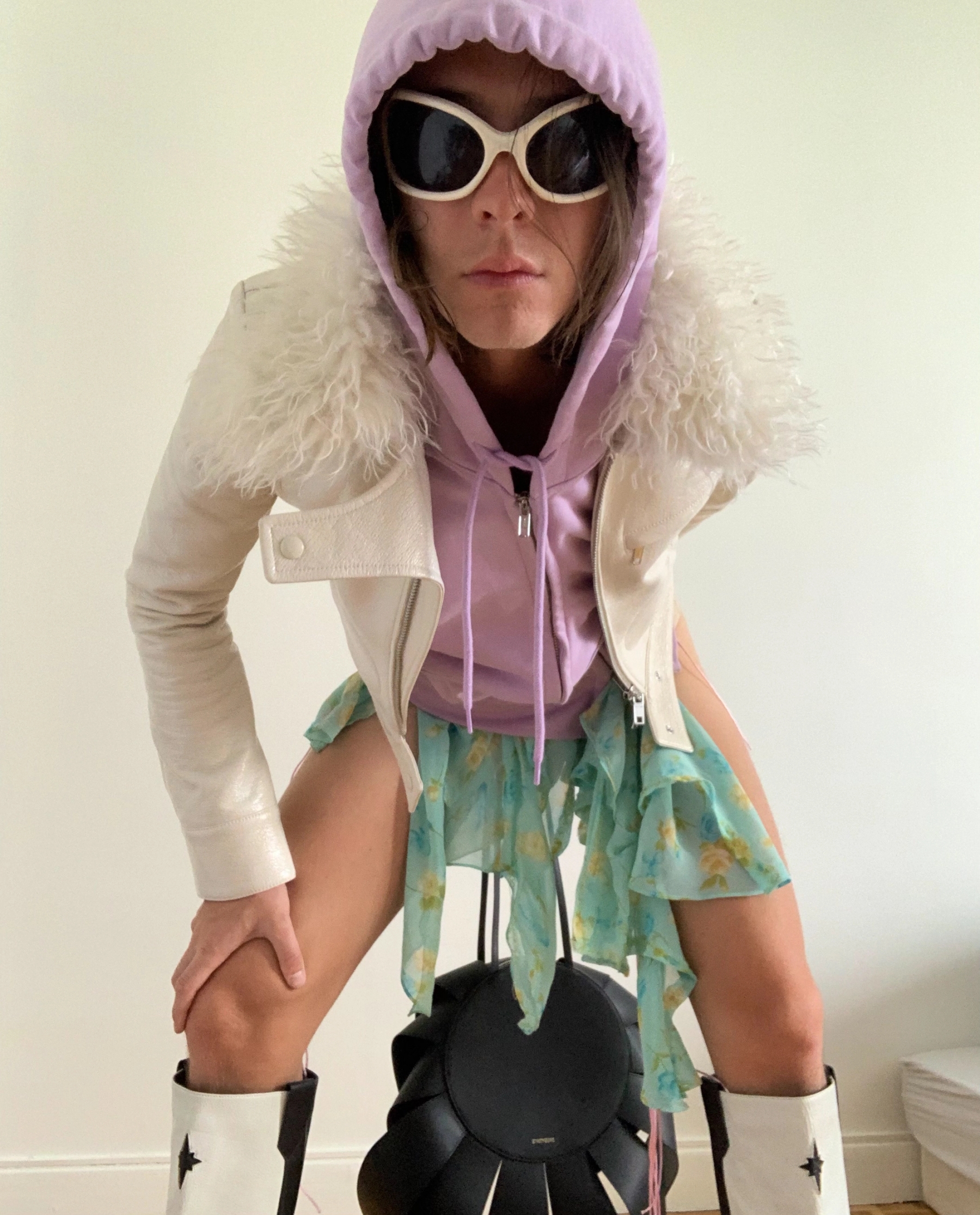 Jacket Courreges, Hoodie Vaquera, Skirt Anal Cancer, Bag D’Heygere, Boots Nodaleto, Shades Stylist's Own