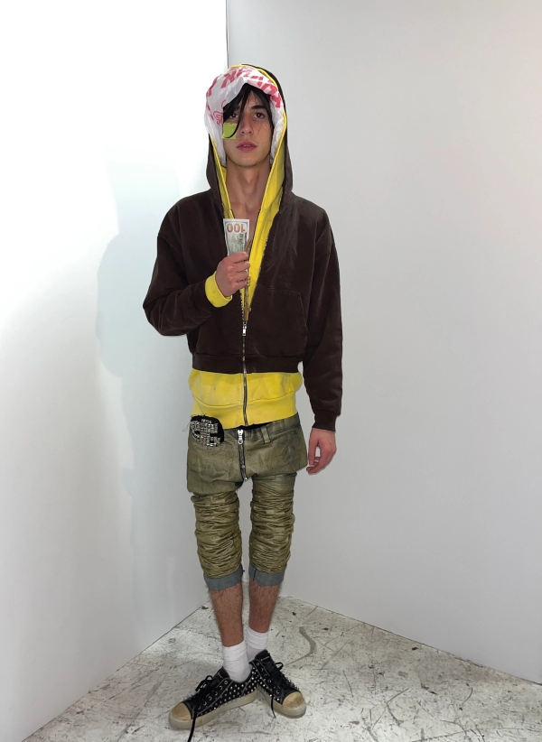 Mask : “thank you” take out plastic bag
Yellow Hoodie : American apparel hoodie
Brown Hoodie: American apparel hoodie
Skinny Jeans sourced by @3_____3_____3 
Shoes : random gienchi studded converse
Brooch on waist sourced by gohomeEli 