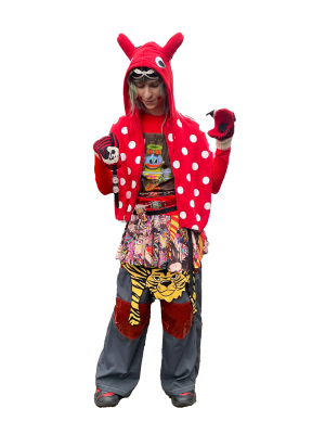 1. Hat: Couch UK - Top: Bernhard Willhelm - Bag: Wild & Lethal Trash - Pants: Altered Mind - Shoes: Suicoke x Vibram x Midorikawa Five Fingers - Orb: Vivienne Westwood x Swatch / 2. Jacket: Jeremy Scott x Adiddas - Top: Walter van Beirendonck - Belts: Michiko Koshino, Wild & Lethal Trash, Charles Jefferey Loverboy - Skirt: Jeremy Scott - Long Skirt: Hysteric Glamour - Pants: Jeremy Scott x Adidas - Shoes: Doublet x Suicoke - Bag: Ashley Williams - Gloves: Vivienne Westwood / 3. Jacket: Hyoma x b+ab - Sunglasses: Jeremy Scott x Linda Farrow - Top: Wild & Lethal Trash - Belts: Michiko Koshino, Wild & Lethal Trash, Charles Jefferey Loverboy - Gloves: Hyoma - Watch: Jeremey Scott x Swatch - Skirt: Shintaro Kago x Madame Chocolat - Tiger Skirt: Moschino Cheap and Chic - Pants: Macgear - Shoes: Swear London / 4. Sunglasses: Jeremy Scott x Linda Farrow - Jacket: Jeremy Scott x Adidas - Top: Moschino Couture x Ben Frost - Choker: @alexjustspat - Gloves: Vivienne Westwood - Belts: Michiko Koshino, Wild & Lethal Trash, Charles Jefferey Loverboy - Skirt: Shintaro Kago x Madame Chocolat - Tiger Skirt: Moschino Cheap and Chic - Pants: Takuya Angel - Shoes: Jeremy Scott x Adidas - Book: Walter Van Beirendonck Mutilate