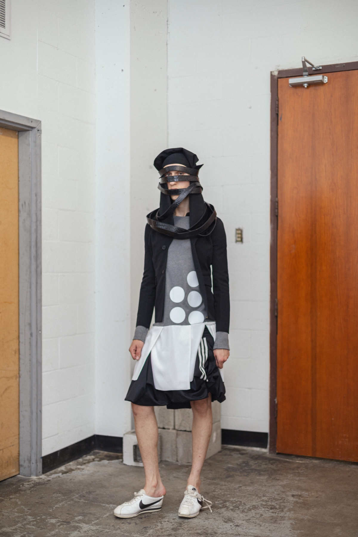 Headpiece Vintage Junya Watanabe sourced by Archivings Stacks, Jacket Vintage Shinichiro Arakawa sourced by Archivings Stacks, Dress Jourdain,
Skirt Adidas, Shoes Nike