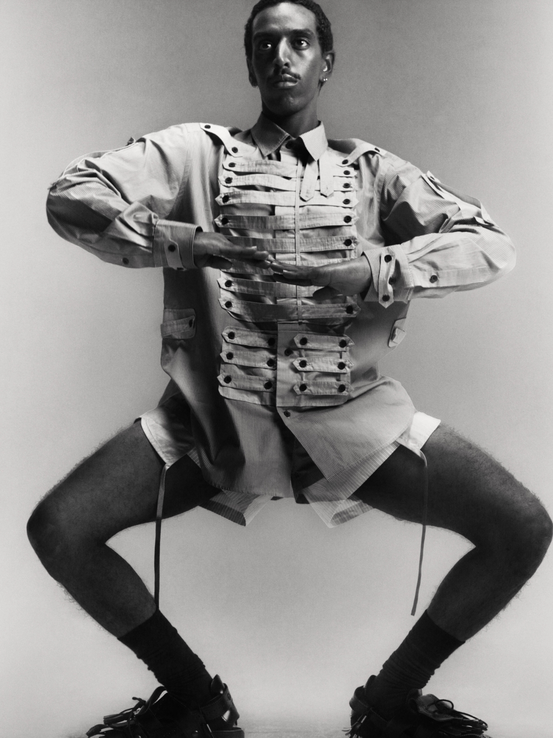 Natnael in Shirt & Shorts Craig Green, Socks stylist’s own, all Jewellery model’s own