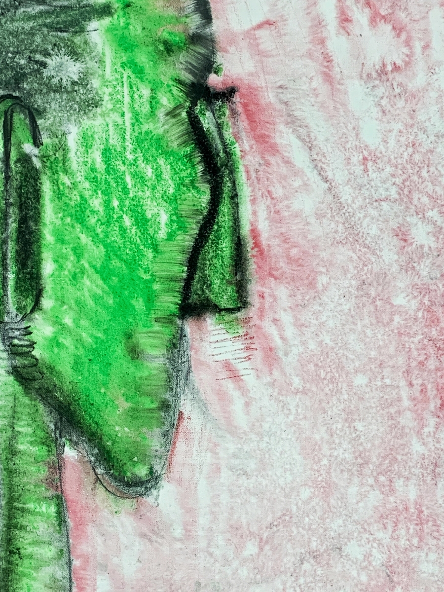 Left to Right: 'Green Female (5)', urethane, water soluble crayon, pencil and
coloured pencil on gessoed linen, '(Male Example)', urethane, acrylic, crayon,
coloured pencil and pencil on linen