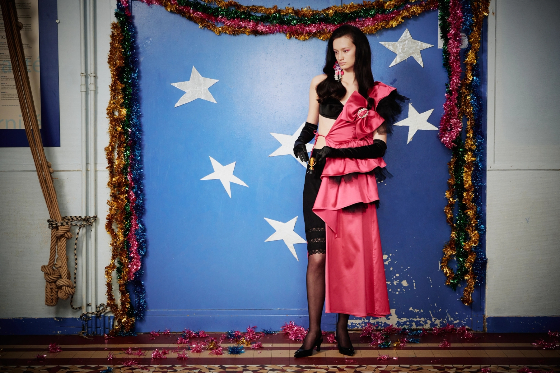 Bra, Shorts & Dress Vaquera, Shoes Justine Clenquet, Earring Maneesha Gallage, Tights & Gloves Stylist’s own
