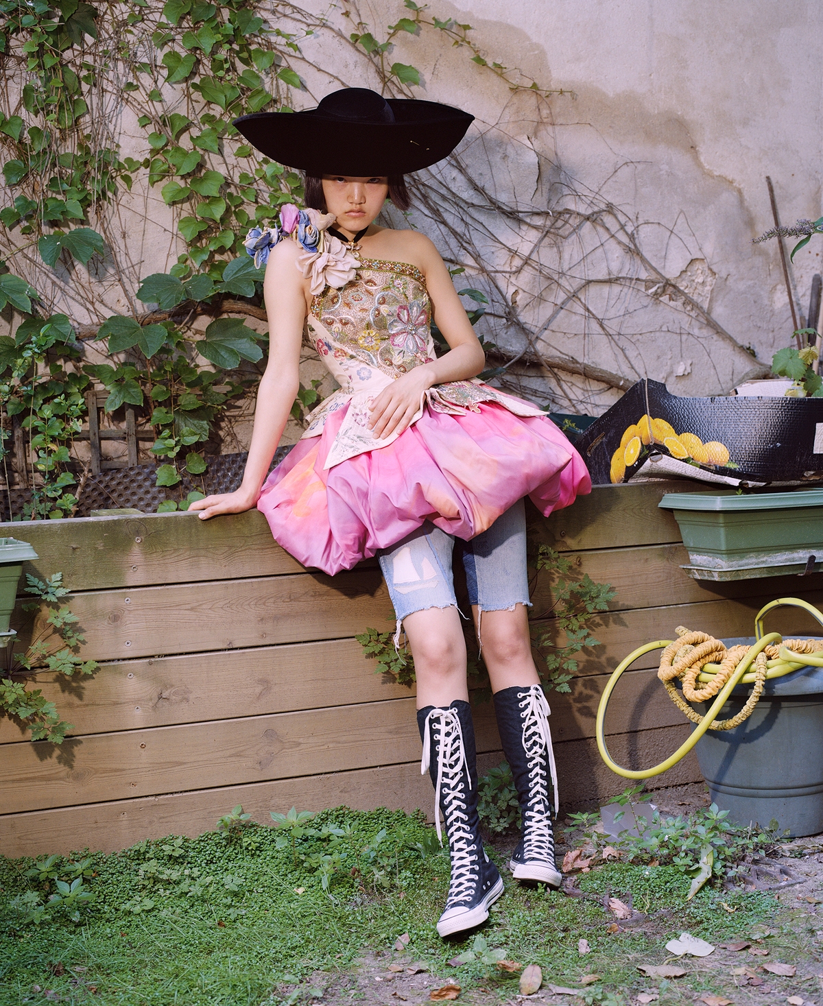 Pan @ Elite Model, embroidered dress with embellished corset and flower details Christian Lacroix Archives Spring/Summer 2009, hat and chocker Christian Lacroix Archives