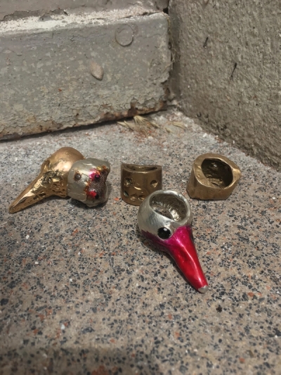 FROM LEFT TO RIGHTS ylvie Auvray, Artist, Paris, Bronze, gold and
silver painted rings

Anne Dressen, Curator, Paris, Personal jewellery, by Betony Vernon,
Ligia Dias, Sylvie, Auvray, Sylvie Auvray, in collaboration with, Lee SD, Costanza, Paris & Mended Veil, Photography by Shahryar Nashata

Andra Dumitrascu, Designer, Berlin, “The first jewellery I designed myself for myself, and the first jewellery my family designed for me.”