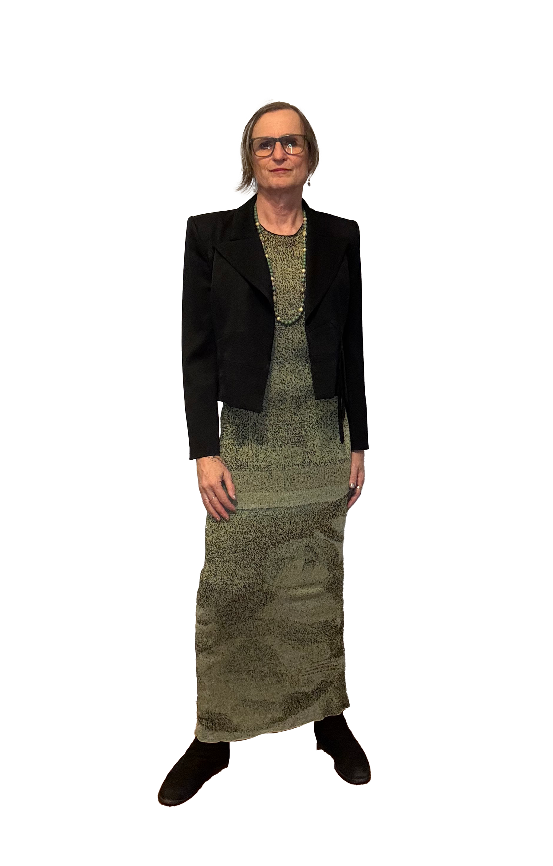 Dress Paloma Wool, Jacket vintage YSL, Boots Stuart Weizman, Necklace thrifted