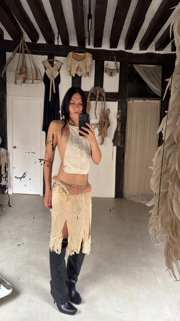 Victorian pocket initially to be attached around waist worn as a top, 1920s burlesque beaded bottoms worn as a belt, 1930s cut slip dress into skirt, shoes Shushuaddict