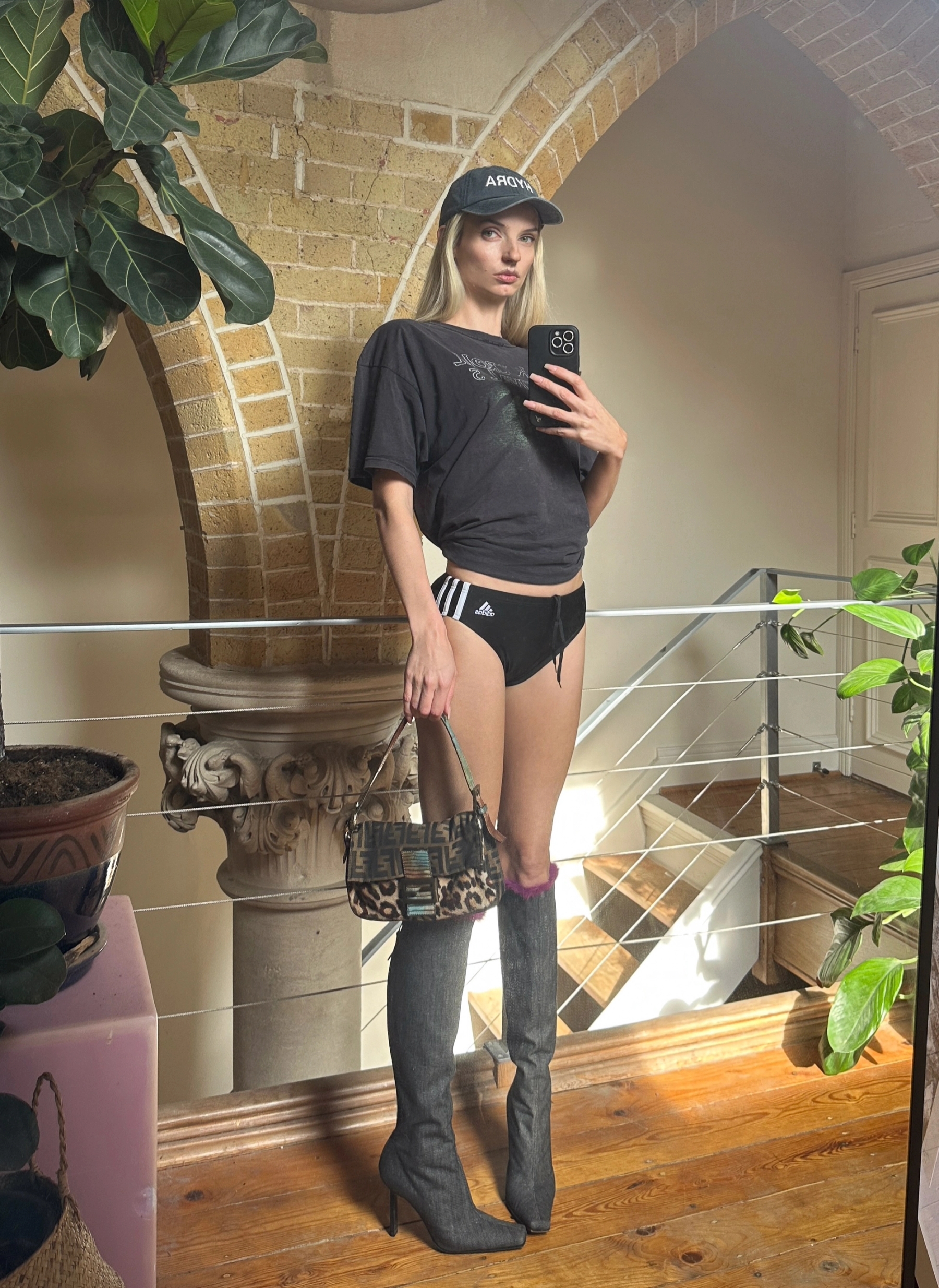 Bag Fendi, Hat Hydra island gift shop, Top Husband’s, Swimming pants Adidas, Boots Vintage