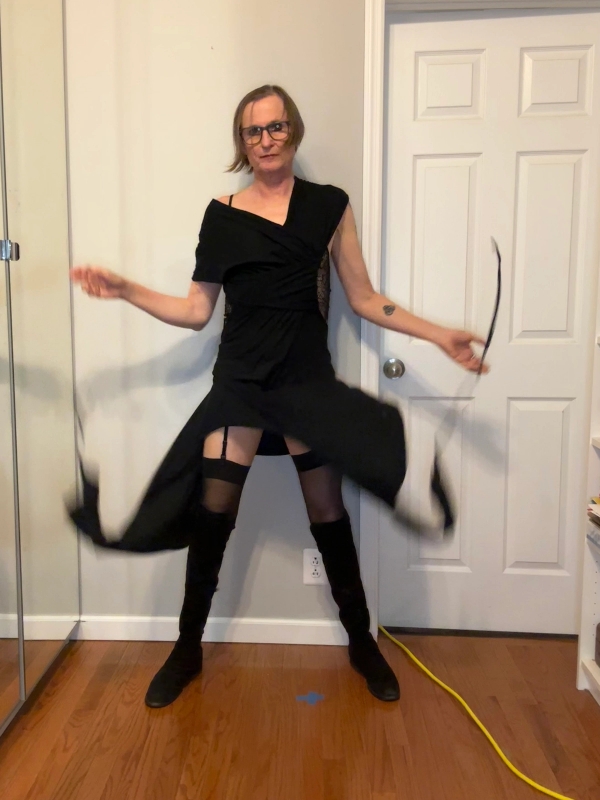 Dress Demobaza, Camisole Fredericks of Hollywood, Stockings Wolford, Boots Stuart Weizman