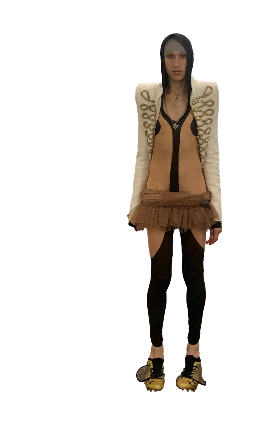 Left to Right: Jacket Laura Andraschko, Bodysuit sex shop, Skirt thrifted, Shoes Under Armour/ Hat thrifted, Choker Vintage sourced by Mademoiselle Ugly, Jacket Vintage Masaki Matsushima sourced by Archivings Stacks, Dress Jourdain, Pants Omar Antabli, Shoes Rick Owens