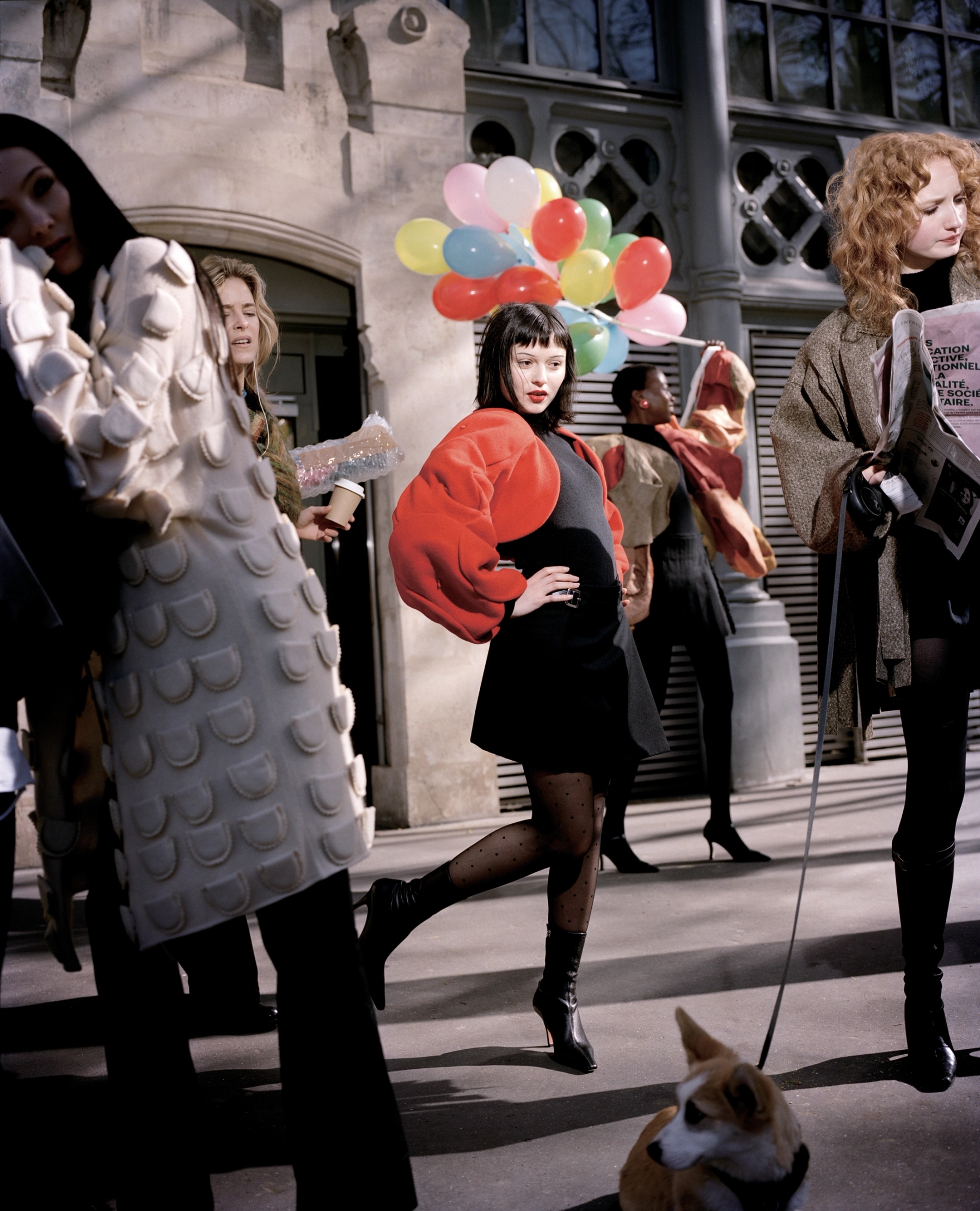 Agathe wears Jacket Défile JCC AH 1989 Un temps pour elle Cour carrée du Louvre Jean-Charles de Castelbajac Archive, Bodysuit Falke, Skirt Le Kilt, Tights Stylist’s own, Boots Amina Muaddi