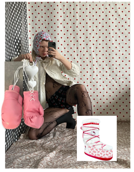 From left to right: Jacket : Stefan Cooke /
Boots: Balenciaga - Jacket: KNWLS /
Dress: Kiko Kostadinov / 
Shoes: Balenciaga - Scarf: Vintage /
Jacket: Vintage /
Tights: Hello Kitty /
Hot Pants: Ashley Williams /
Bag: Amanda Glickman /
Keyring: Amber Pickup /
Boots: Balenciaga - Scarf: Vintage /
Jacket: Vintage /
Tights: Hello Kitty /
Hot Pants: Ashley Williams /
Bag: Amanda Glickman /
Keyring: Amber Pickup /
Boots: Balenciaga