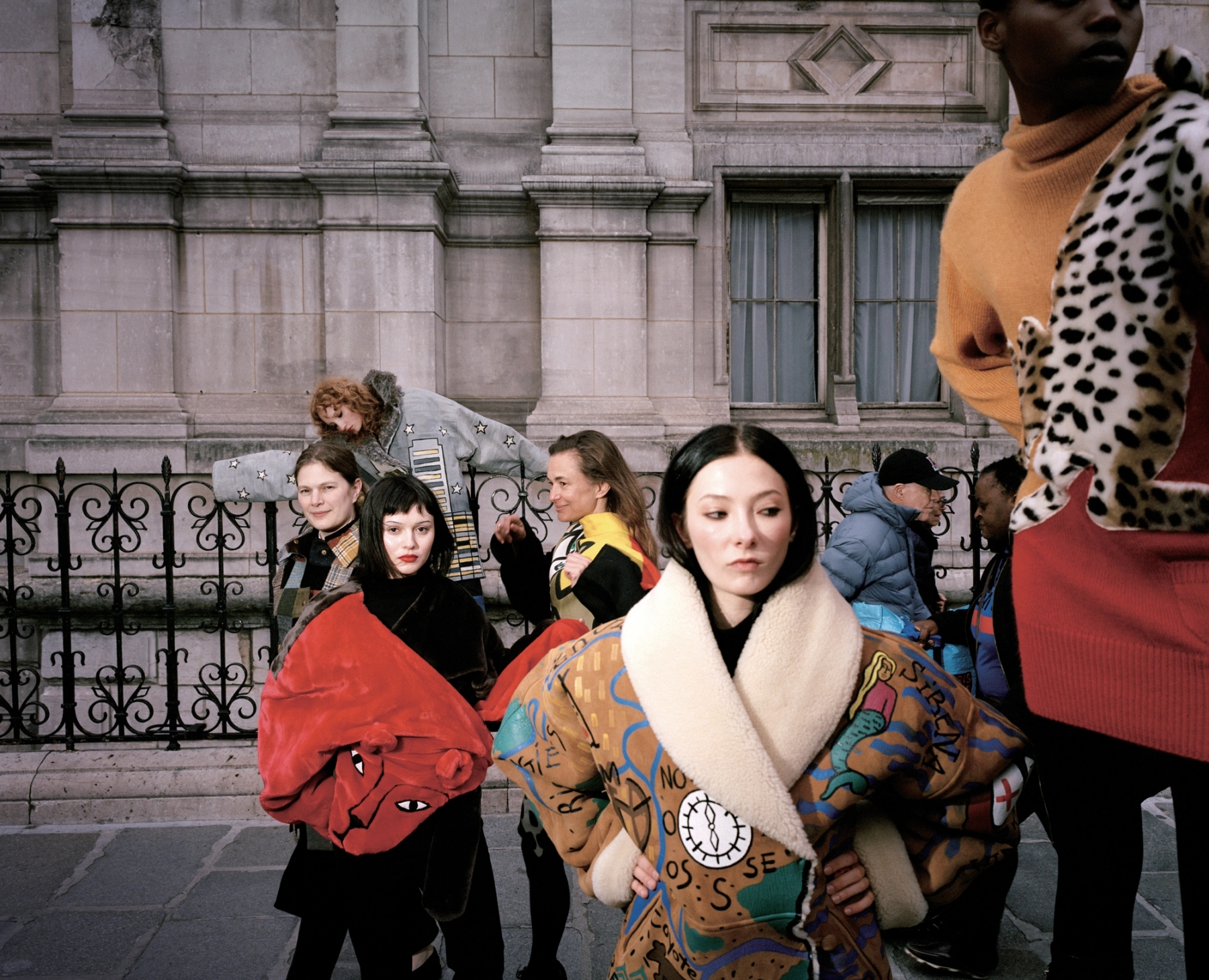 Left to right: Emilie wears Cut out shirt Jean-Charles de Castelbajac Archive | Chloe wears Chicago Coat Jean-Charles de Castelbajac Archive, Bodysuit Falke, Jeans Diesel, Shoes Manolo Blahnik | Agathe wears Coat Teddy Bear Cache Coeur Jean-Charles de Castelbajac Archive, Bodysuit Falke, Trousers Courrèges, Shoes Amina Muaddi | Magda wears Dress Jean-Charles de Castelbajac Archive | Anya wears Coat Défilé JCC AH 1991-1992 Jean-Charles de Castelbajac Archive, Bodysuit Falke, Jeans Levi’s, Shoes MM6 Maison Margiela | Rose wears Dress Défilé JCC AH 1987-1988 Jean-Charles de Castelbajac Archive, Tights Stylist’s own, Boots Vintage Chanel from Amo Vintage