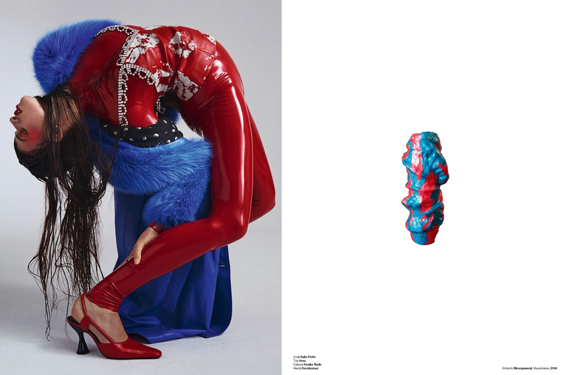 Left:

COAT Saks Potts TOP Area CATSUIT Atsuko Kudo HEELS Dorateymur

Right:

ARTWORK Messgewand, Vasetovase, 2018