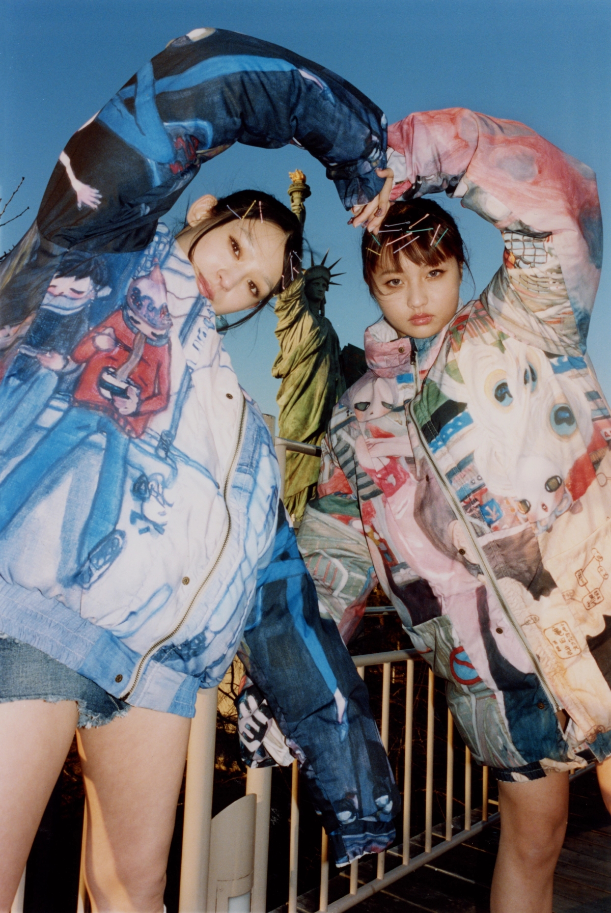 Both model wear jackets Mikiosakabe, shoes Mikiosakabe, Aya Takano KK, denim shorts stylist's own