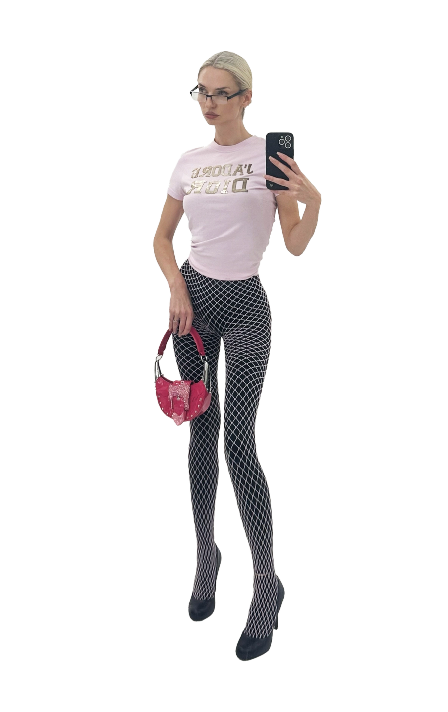 Left to right: Bag Fendi, Mesh Catsuit Poster Girl, Shoes Poster Girl, Sunglasses Shevoke, Headband Paks | Bag Poster Girl, Top Dior, Tights Amazon, Leggings Alo, Shoes Jessica Simpson, Glasses Specsavers