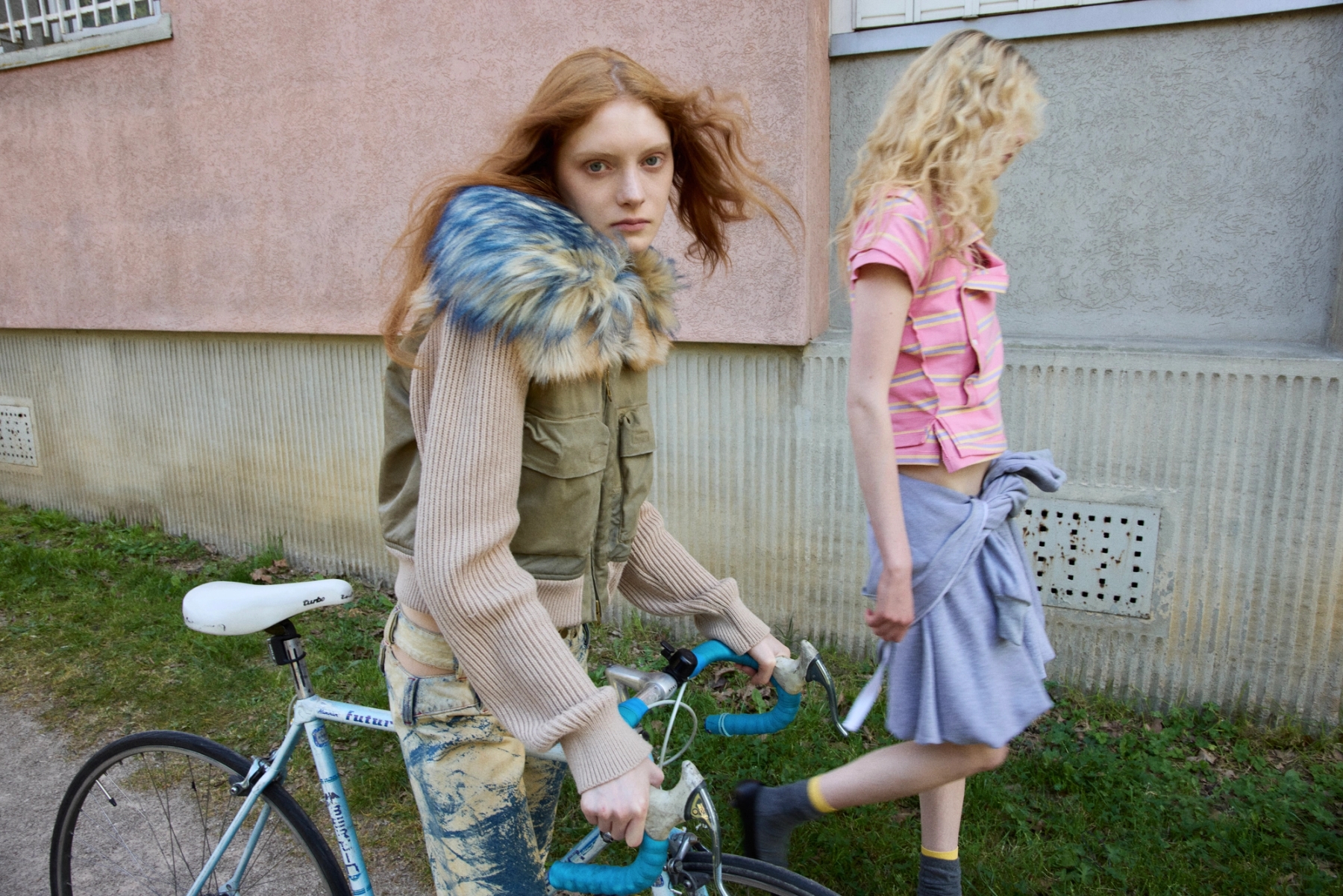 Left to right: Elizabeth in Jacket Diesel, Trousers Masha Popova | Lena in Polo Natasha Zinko, Dress worn as a skirt Renaissance Renaissance, Shoes Aeyde, Socks Falke & Diesel