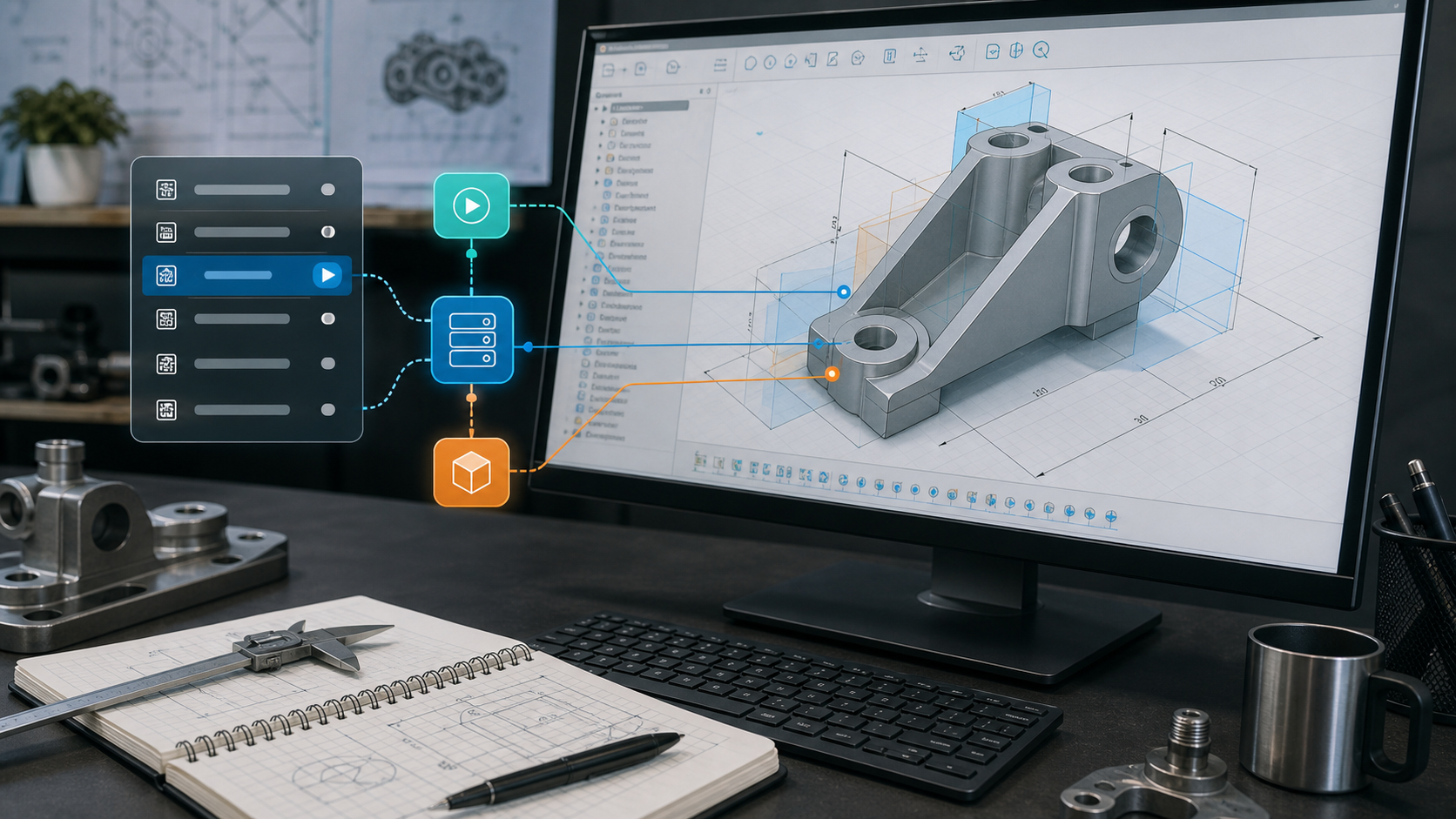 Autodesk Fusion benzeri CAD ekranında mekanik parça modeli ve MCP server bağlantı akışı