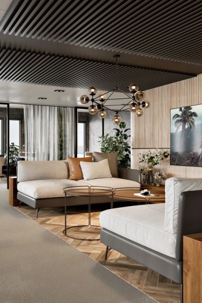 3D rendering av kontorlokaler. viser en sosial sone med møterom i enden