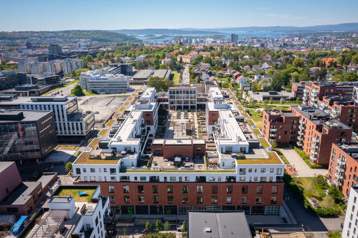 Dronebilde av Vinslottet med omkringliggende bygg