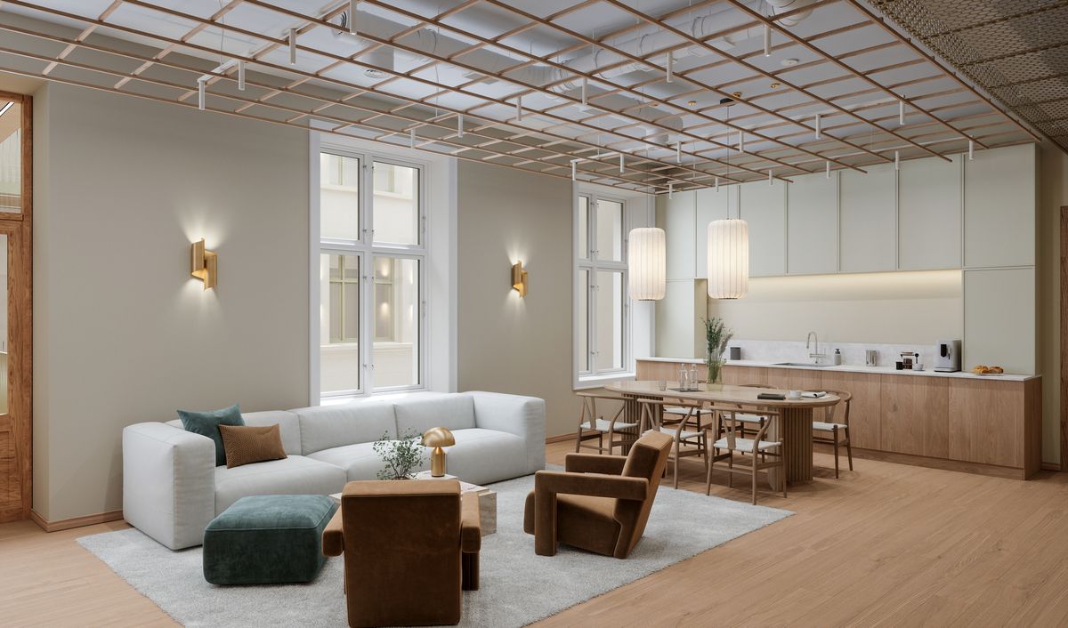3D rendering av interiøret i et kontor med stilen "Kontinental"