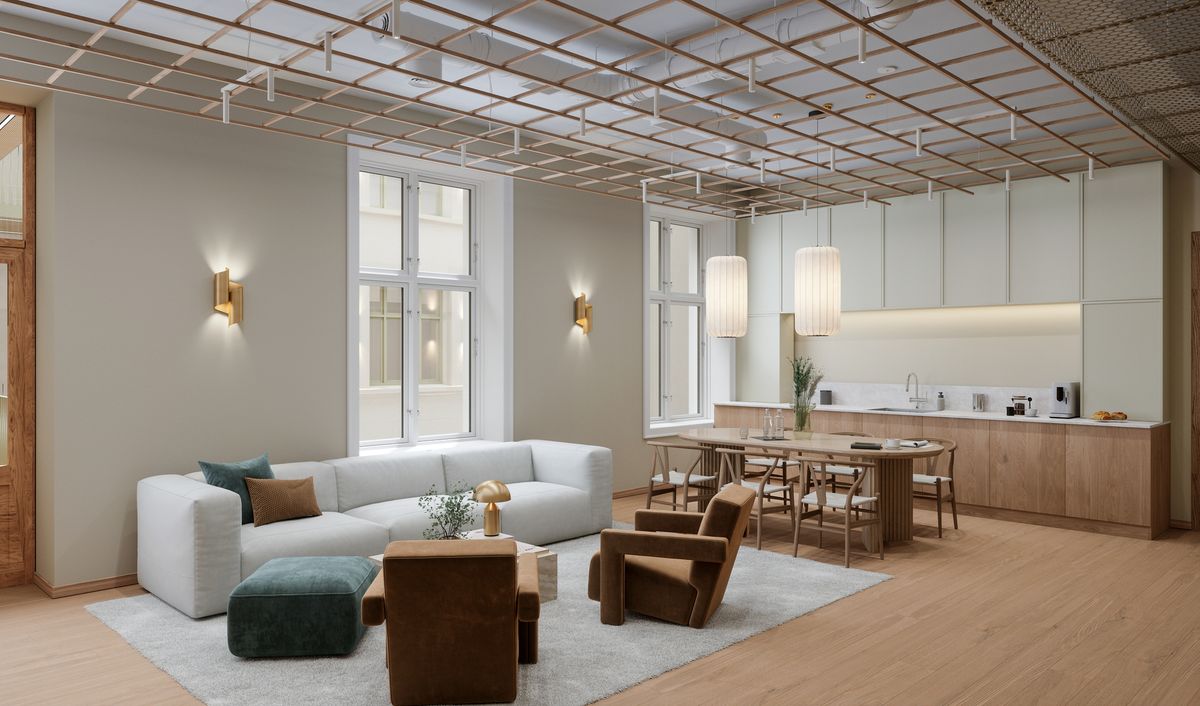 3D rendering av interiøret i et kontor med stilen "Kontinental"