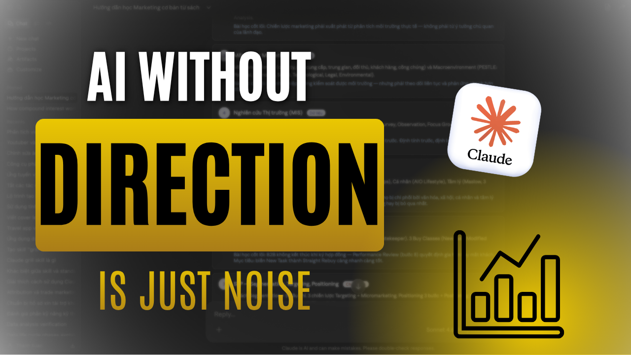 AI WITHOUT DIRECTION IS JUST NOISE’, the Claude AI logo, and an upward-trending bar chart icon, illustrating how using AI without clear direction only creates noise.