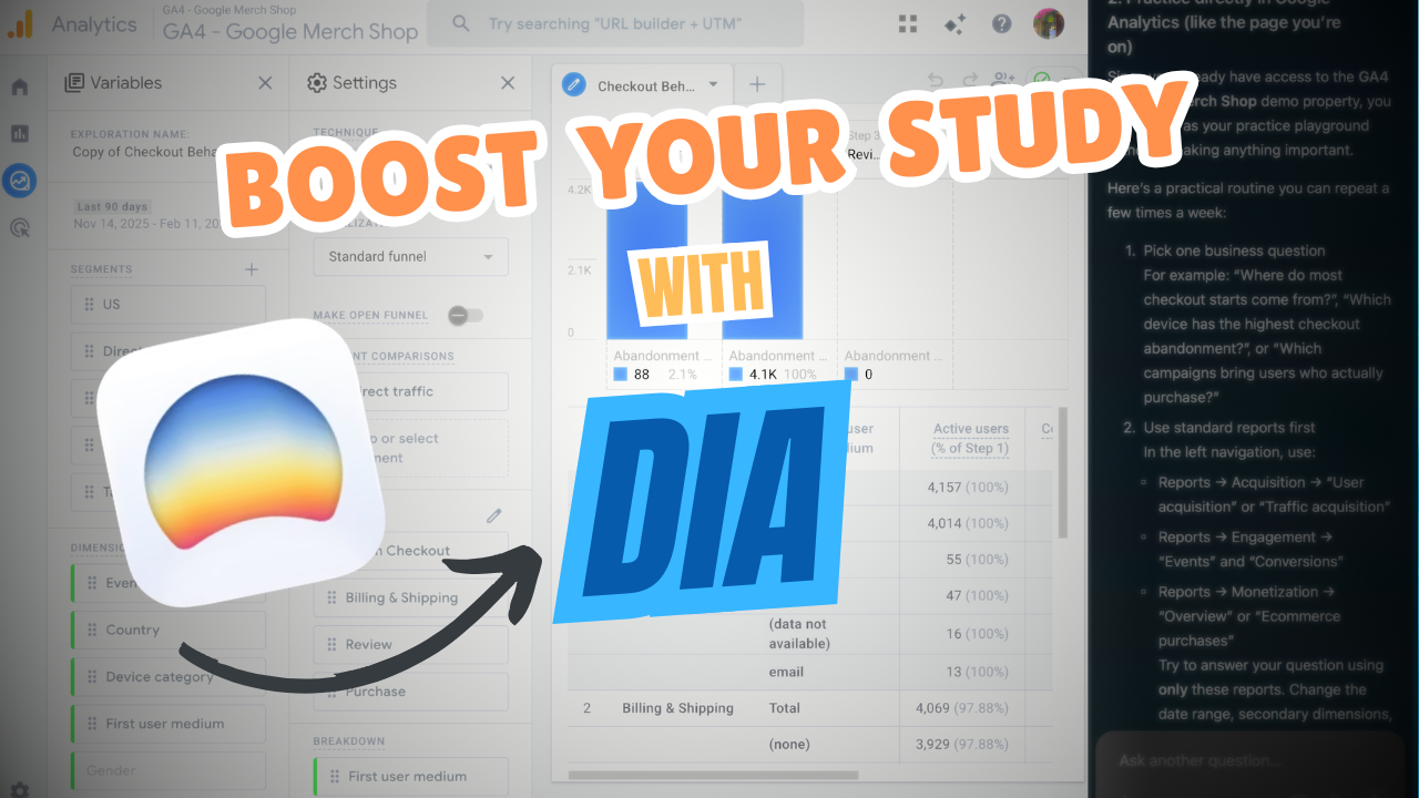 Google Analytics screen with data analysis tips and the title ‘Boost Your Study with Dia’, illustrating how an in‑browser assistant helps learn marketing analytics faster and more effectively