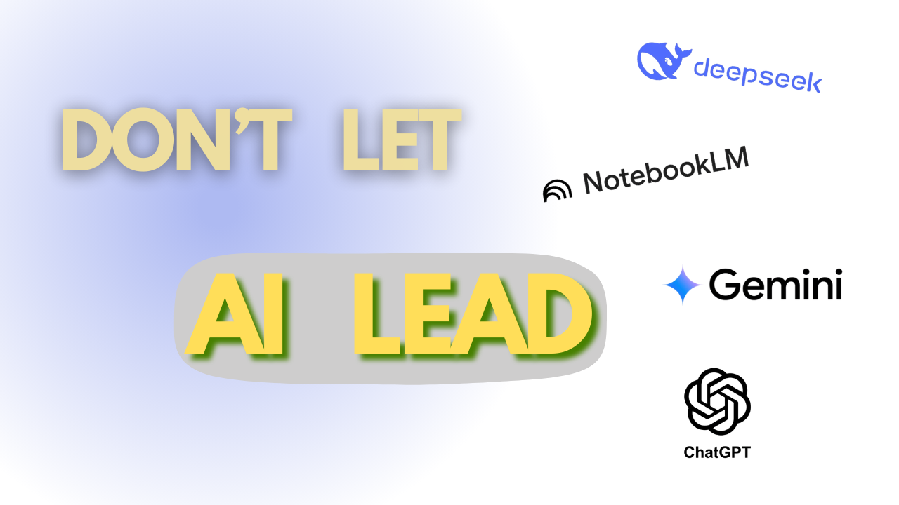 Illustration of a person collaborating with an AI assistant on a laptop, symbolizing the idea ‘Don’t Let AI Lead’ where AI supports the user with clearer thinking, structured prompts, and better productivity instead of taking full control