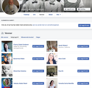 120 av de 155 vennene til Harry Kokin-Mihan er nylig lagt til. Dette kan være et tegn på at en Facebook-profil er falsk.