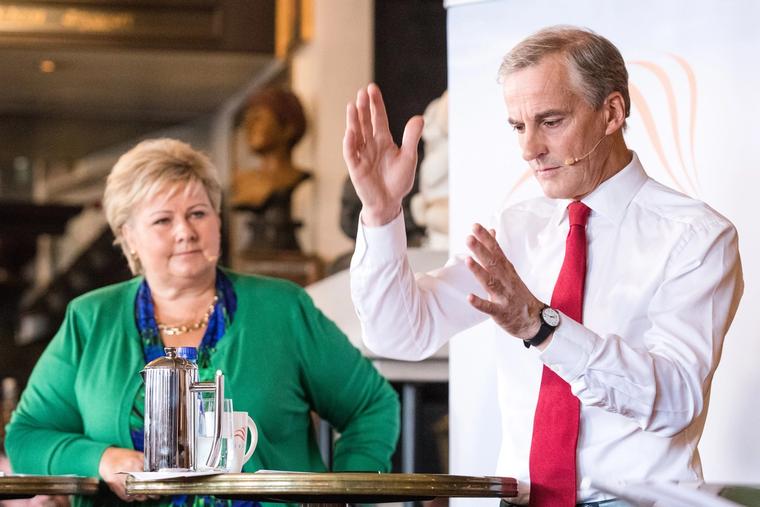 Erna Solberg (H) og Jonas Gahr Støre (Ap) møttes til statsministerduell hos Civita forrige uke.