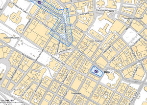 Kartet viser områder med graving i området i perioden som er målt. Tre trikkelinjer ble berørt og busstraseen mellom St Olavs plass og Jernbanetorget har gått lenger ut fra sentrum.