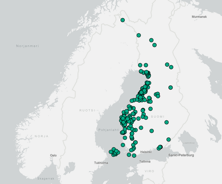 Kart over vindparker i Finland.