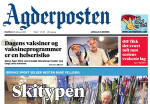 PÅ FORSIDEN: Slik så forsiden til Agderposten ut 26. februar. Avisen har senere beklaget fremstillingen med vaksinekritiker Ager-Wick på forsiden.