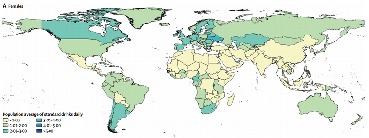 Kartet viser kvinners gjennomsnittlige alkoholkonsum målt i enheter pr dag. Lyse farger har lavt forbruk, mørke høyt.