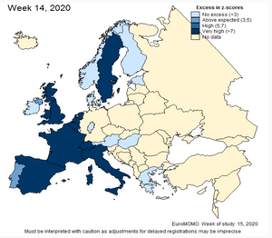 Kartet viser graden av overdødelighet i uke 14 i 2020 i de europeiske landene som rapporterer inn tall til EuroMOMO. Merk at disse tallene er foreløpige, og at mulige forsinkelser i rapporteringer gjør at de må tolkes med forsiktighet.