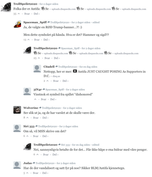 Flere brukere i kommentarfeltet til Document.no delte sine teorier om at det egentlig var Antifa som stormet kongressen.
