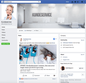 Slik ser Facebook-siden «Kundeservice» ut. Det finnes både en norsk og en dansk variant når man søker på Facebookj.