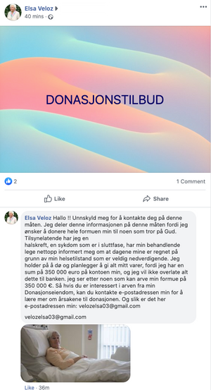 Det samme «donasjonstilbudet» ble postet i to ulike norske Facebook-grupper.