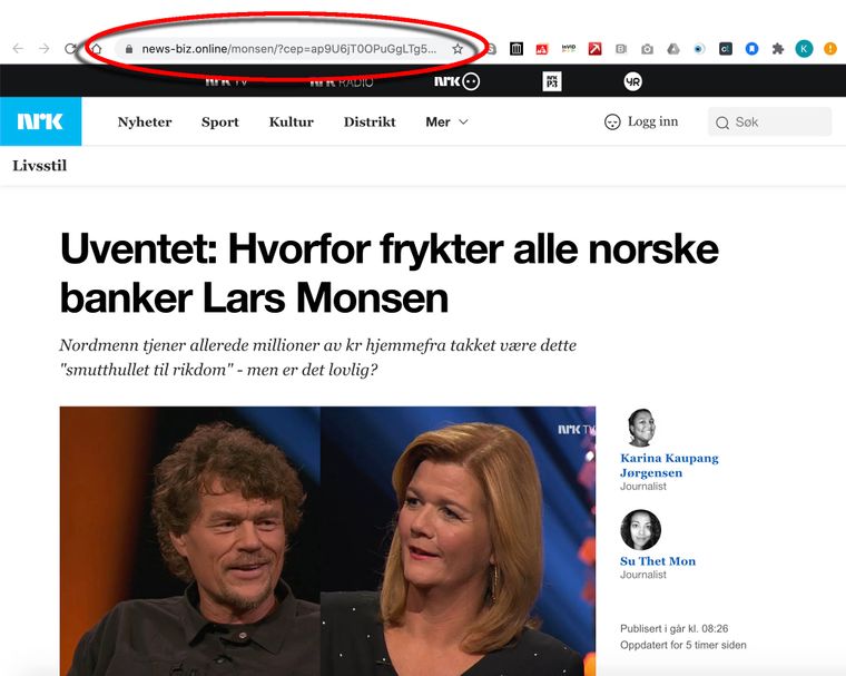 Ved å sjekke selve nettadressen er det lett å avsløre at du ikke er på en ekte NRK-side.