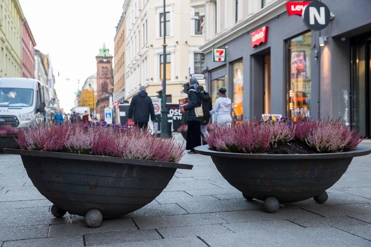7. november 2017 ble blomsterkrukker plassert på Karl Johan