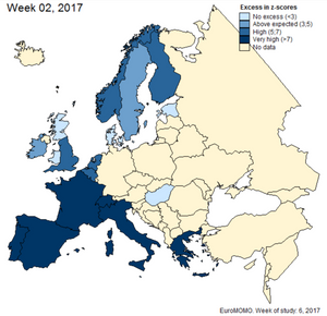 Kartet viser graden av overdødelighet i utvalgte europeiske land i uke 2 i 2017. 