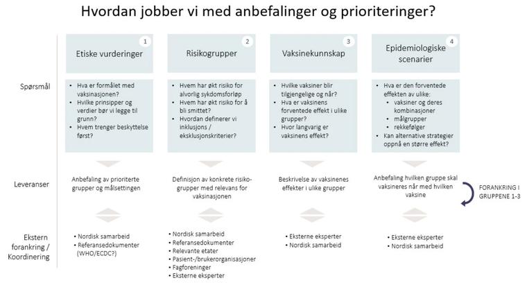 Slik fremstiller FHI selv strukturen i arbeidet med å lage anbefalinger og prioriteringer for koronavaksinen.