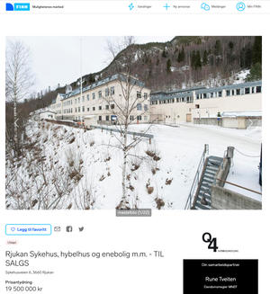 Rjukan sykehus ble lagt ut på Finn.no i 2015.